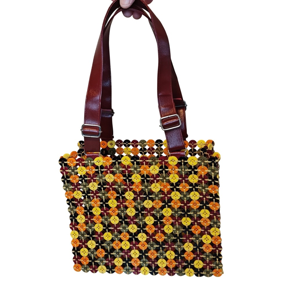 Handmade Button Tote Bag Multicolor Artisan Woven Boho Shoulder Bag Unisex